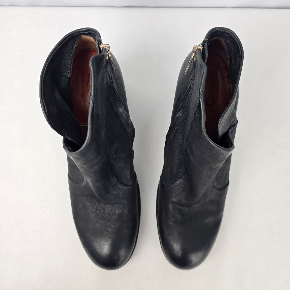 AS98 Black Leather Chunky Heel Ankle Boots Size 11