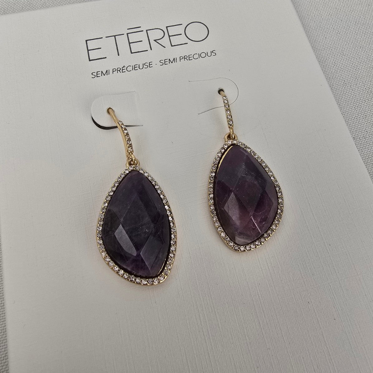 Etereo Gold Tone Semi Precious Faceted Amethyst Drop Earrings