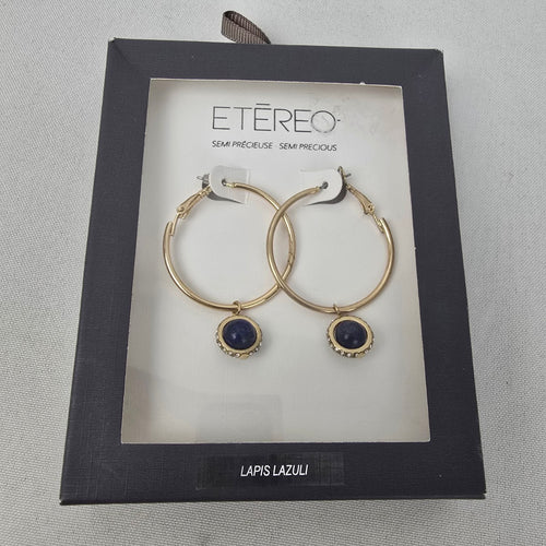 Etereo Gold Tone Blue Lapis Semi Precious Stone Hoop Earrings