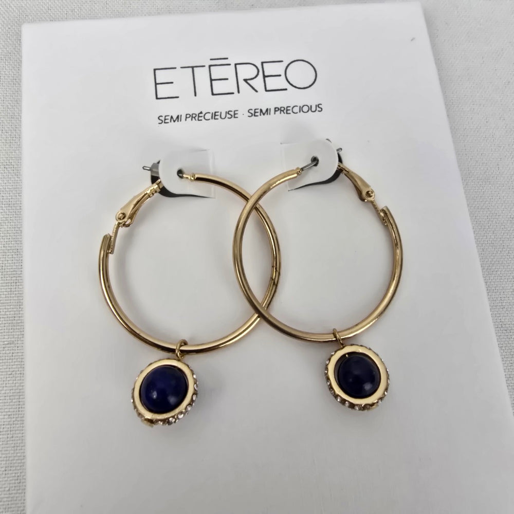 Etereo Gold Tone Blue Lapis Semi Precious Stone Hoop Earrings