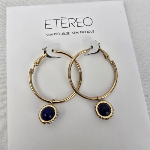 Etereo Gold Tone Blue Lapis Semi Precious Stone Hoop Earrings