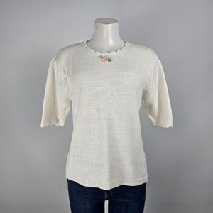 Vintage Sears Cream Floral Embroidered Short Sleeve Knit Sweater Size 12