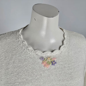 Vintage Sears Cream Floral Embroidered Short Sleeve Knit Sweater Size 12