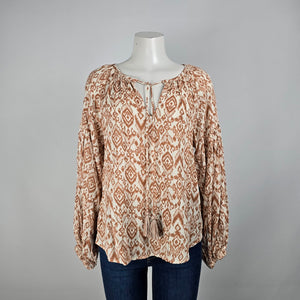 Dex Brown Aztec Print Peasant Blouse Size M