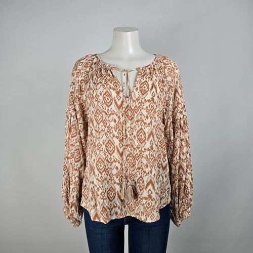 Dex Brown Aztec Print Peasant Blouse Size M
