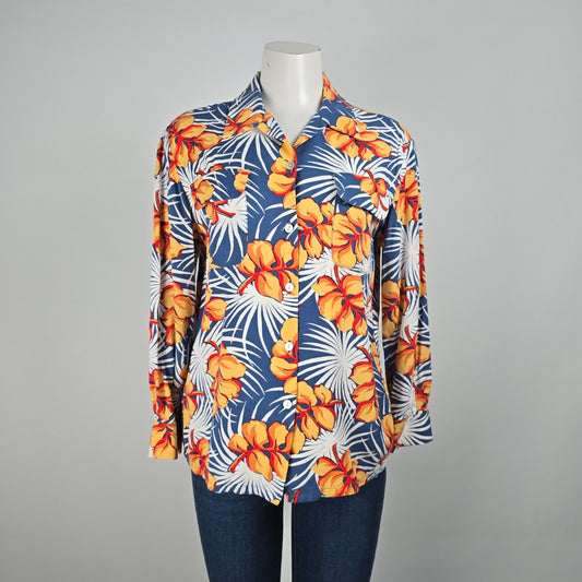 Relax Tommy Bahama Blue Tropical Print Button Up Blouse Top Size S