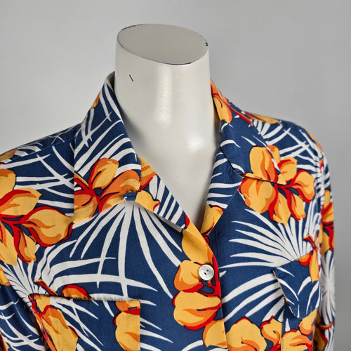 Relax Tommy Bahama Blue Tropical Print Button Up Blouse Top Size S