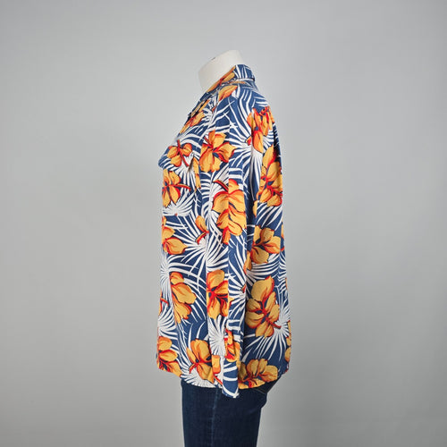 Relax Tommy Bahama Blue Tropical Print Button Up Blouse Top Size S