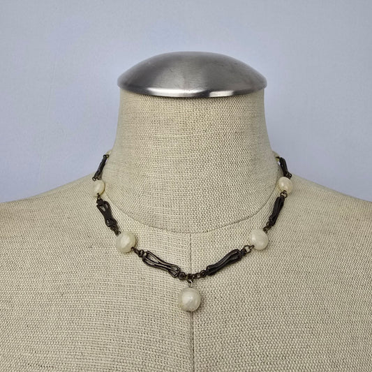 Brown & Cream Beaded Drop Pendant Collar Necklace