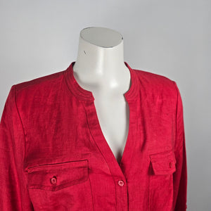 Lady Hathaway Red Linen Button Up Blouse Top Size L