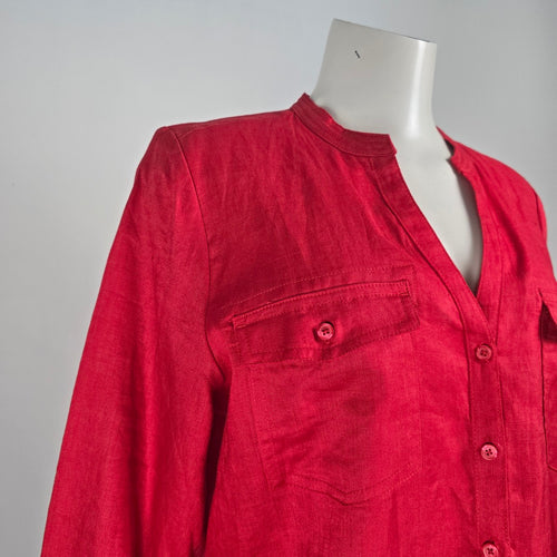 Lady Hathaway Red Linen Button Up Blouse Top Size L