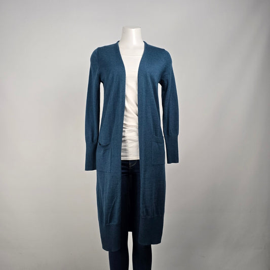 Tahari Teal Merino Wool Knit Long Line Cardigan Size S
