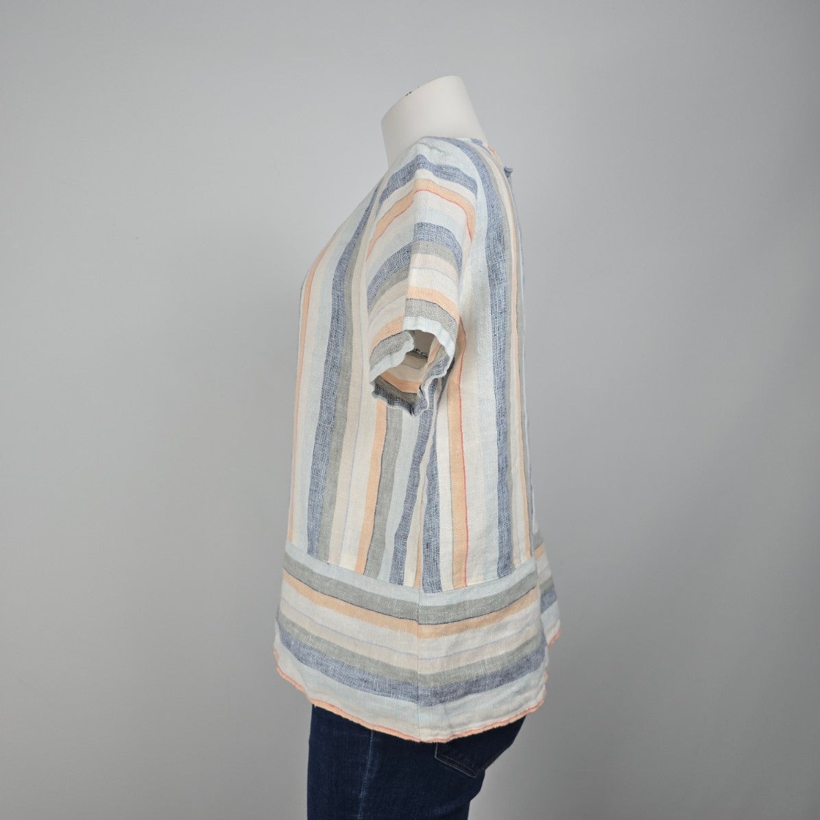White & Blue Stripped Linen Short Sleeve Blouse Top Size M/L