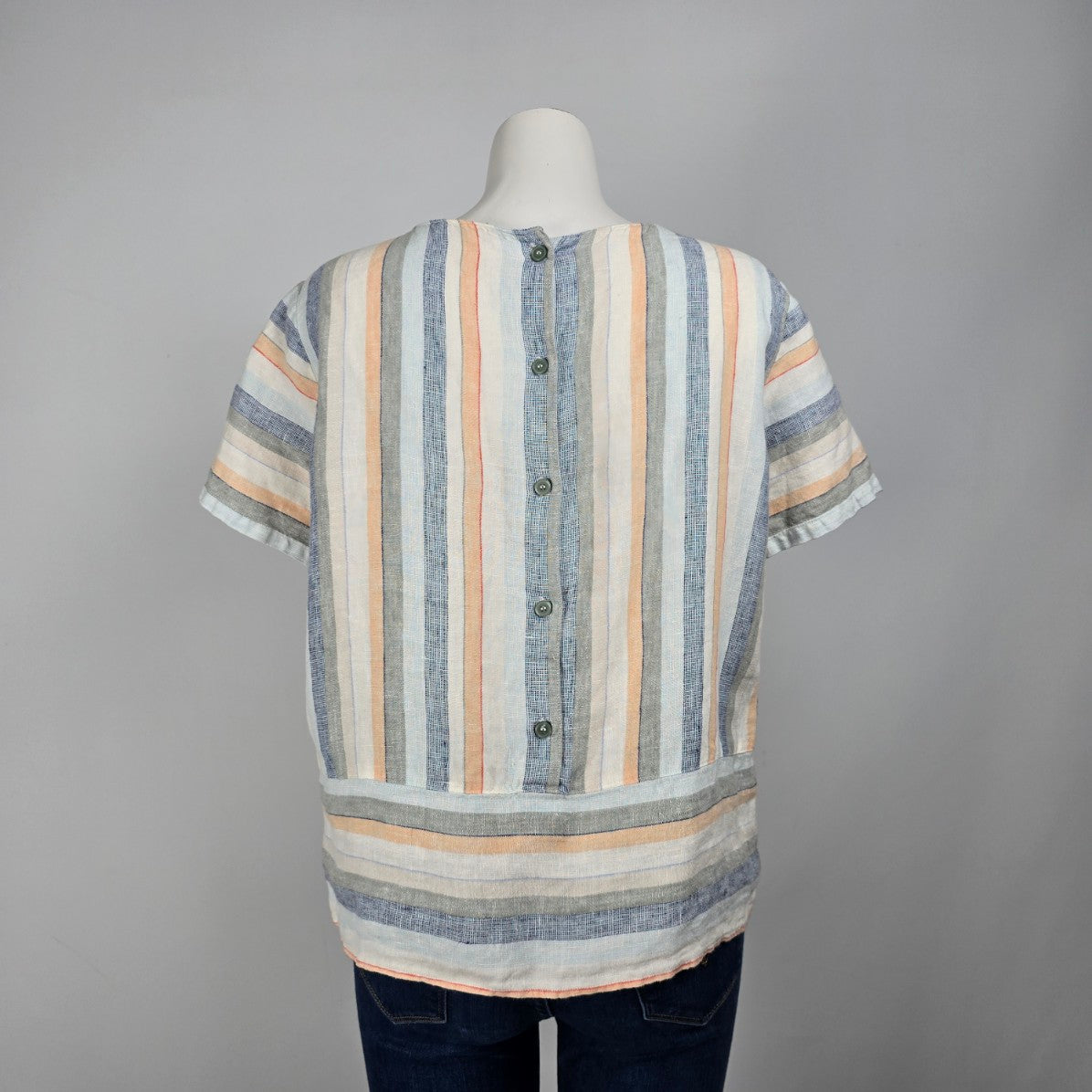 White & Blue Stripped Linen Short Sleeve Blouse Top Size M/L