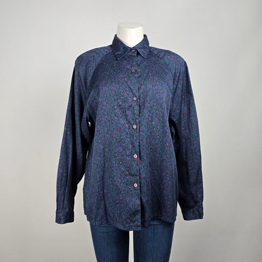 Vintage Leigh Morgan Blue Paisley Button Up Collared Blouse Size L