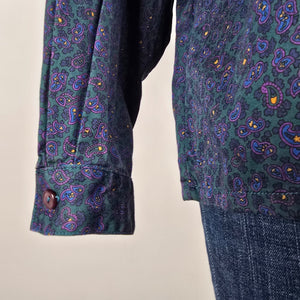 Vintage Leigh Morgan Blue Paisley Button Up Collared Blouse Size L
