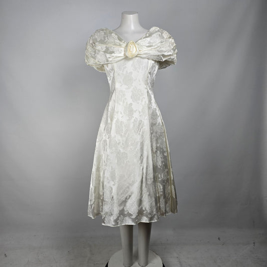 Vintage Cream Floral Drop Shoulder Fit &  Flare Midi Wedding Dress Size M