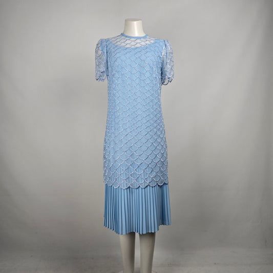 Vintage Blue Sheer Overlay Scalloped Midi Dress Size M