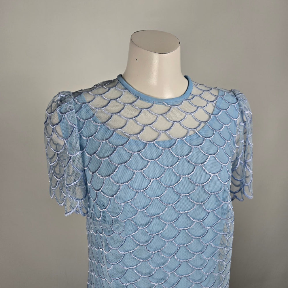 Vintage Blue Sheer Overlay Scalloped Midi Dress Size M