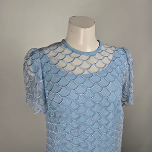 Vintage Blue Sheer Overlay Scalloped Midi Dress Size M