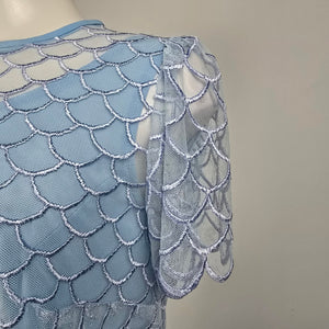 Vintage Blue Sheer Overlay Scalloped Midi Dress Size M