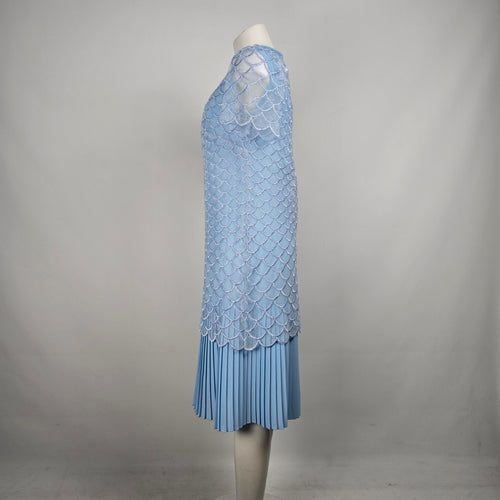 Vintage Blue Sheer Overlay Scalloped Midi Dress Size M