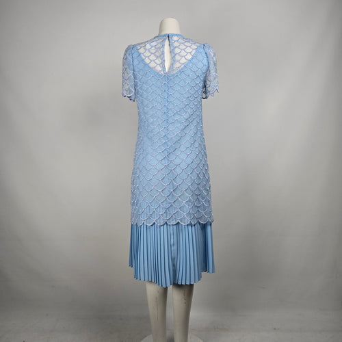 Vintage Blue Sheer Overlay Scalloped Midi Dress Size M