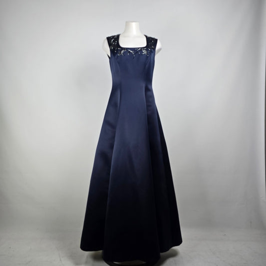 Liz Claiborne Night Blue Satin Beaded Detail Long Gown Size 8