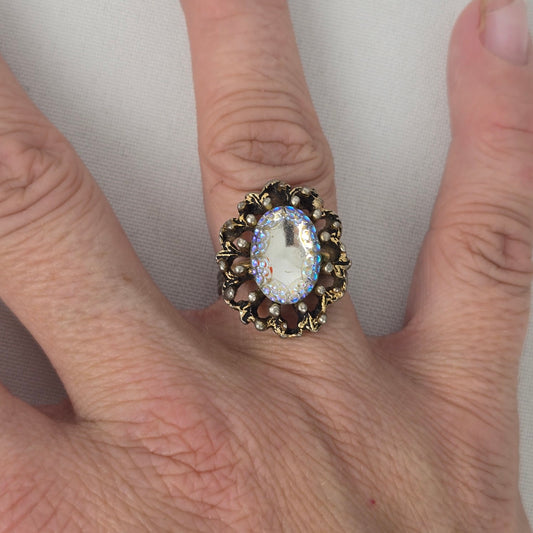 Vintage Gold Tone Aurora Borealis Statement Adjustable Ring