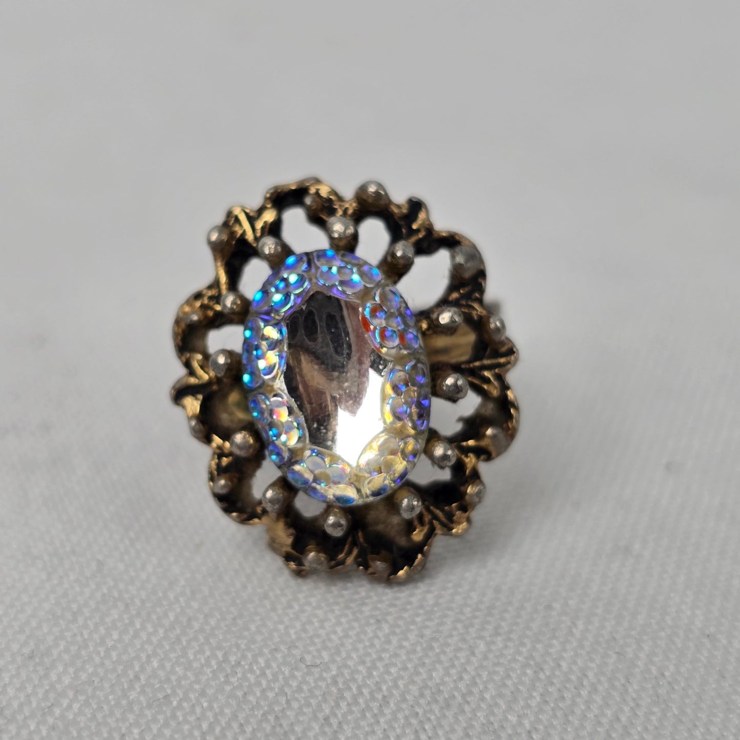 Vintage Gold Tone Aurora Borealis Statement Adjustable Ring