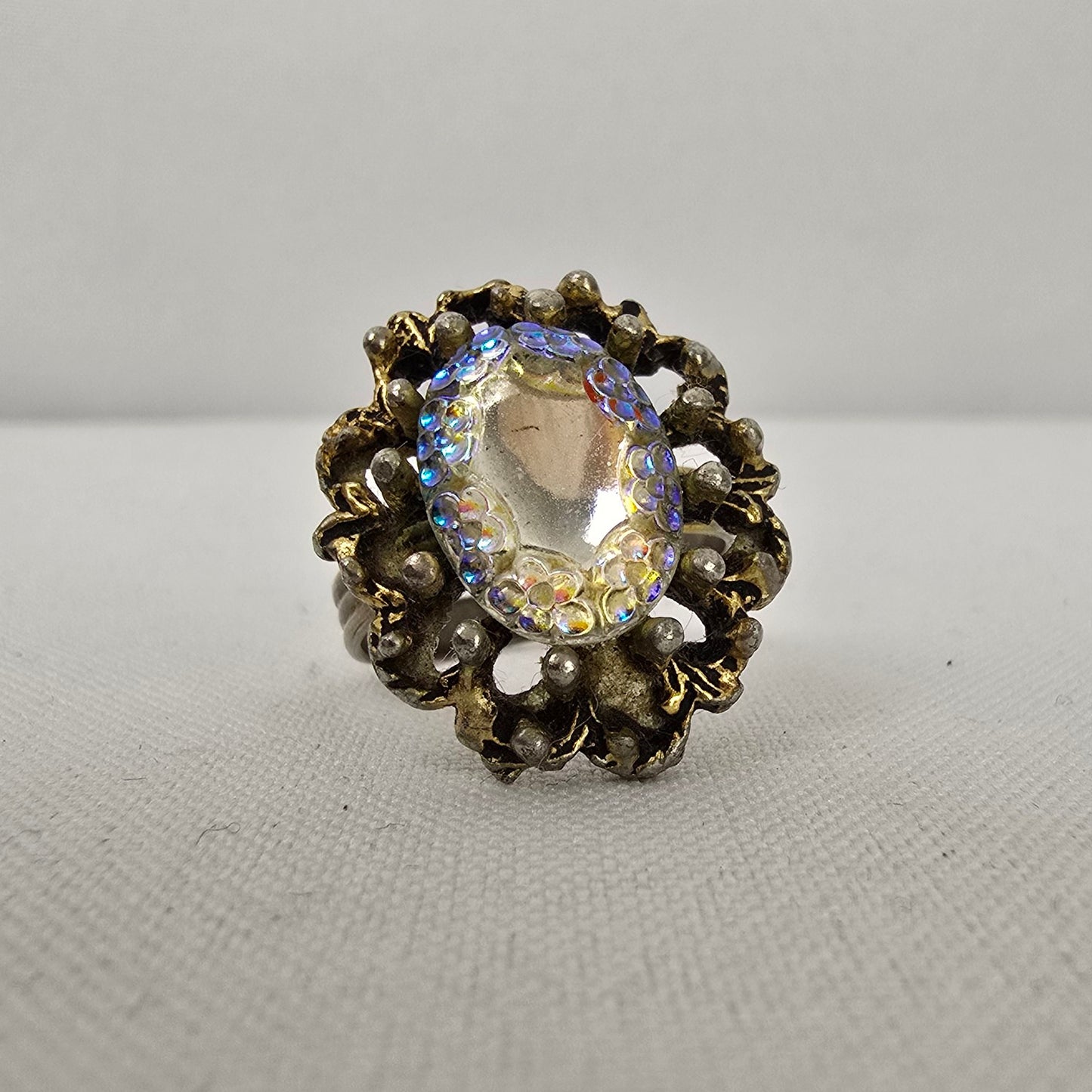Vintage Gold Tone Aurora Borealis Statement Adjustable Ring