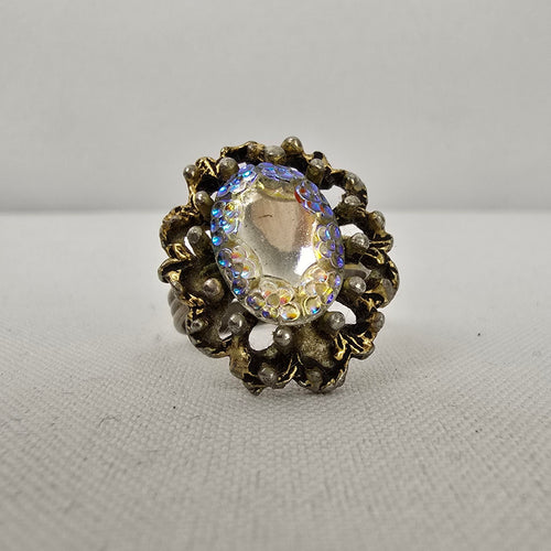 Vintage Gold Tone Aurora Borealis Statement Adjustable Ring