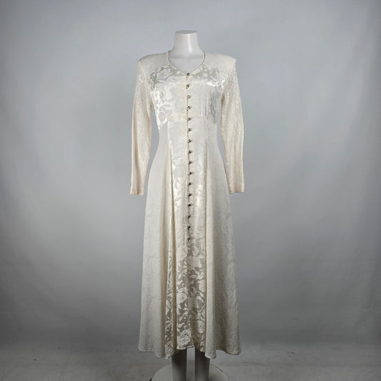 Vintage The Nu-Oz Group Cream Lace Floral Metallic Button Front Dress Size 7/8