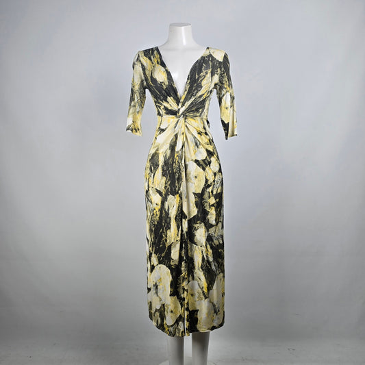 Linda Lundstrom Yellow & Black Deep V Midi Dress Size S