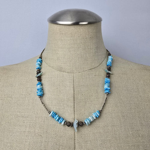 Vintage Silver Beaded Blue Sea Shell Bird Detail Necklace