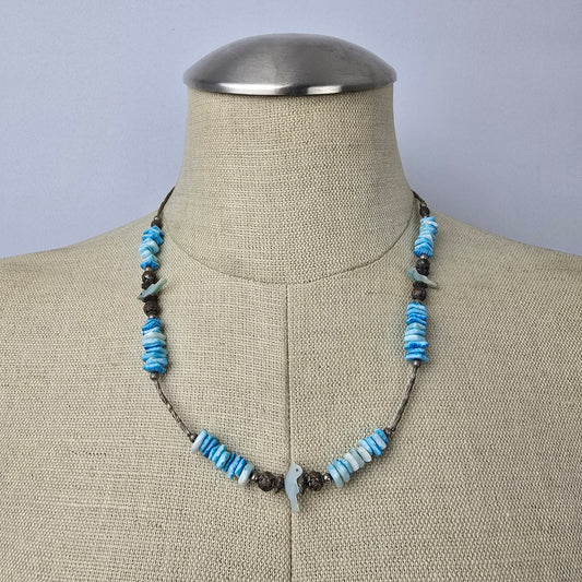 Vintage Silver Beaded Blue Sea Shell Bird Detail Necklace