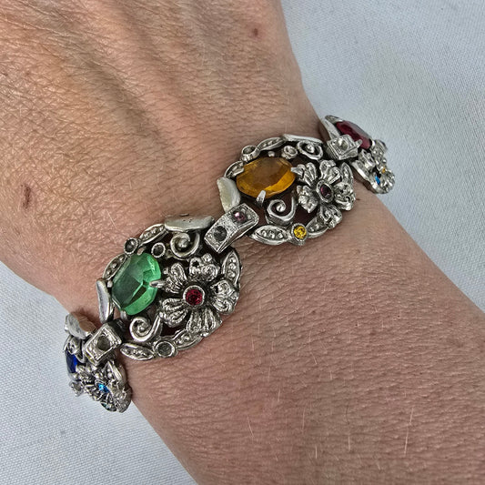 Vintage Silver Tone Colorful Stone Link Bracelet