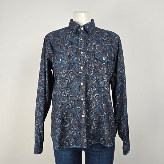 Rough Stock Blue Cotton Paisley Pearl Snap Western Top Size L