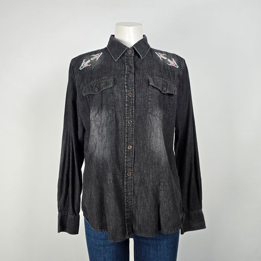Sherrry Cervi Black Cotton Denim Embroidered Back Button Up Top Size L