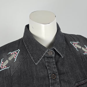 Sherrry Cervi Black Cotton Denim Embroidered Back Button Up Top Size L