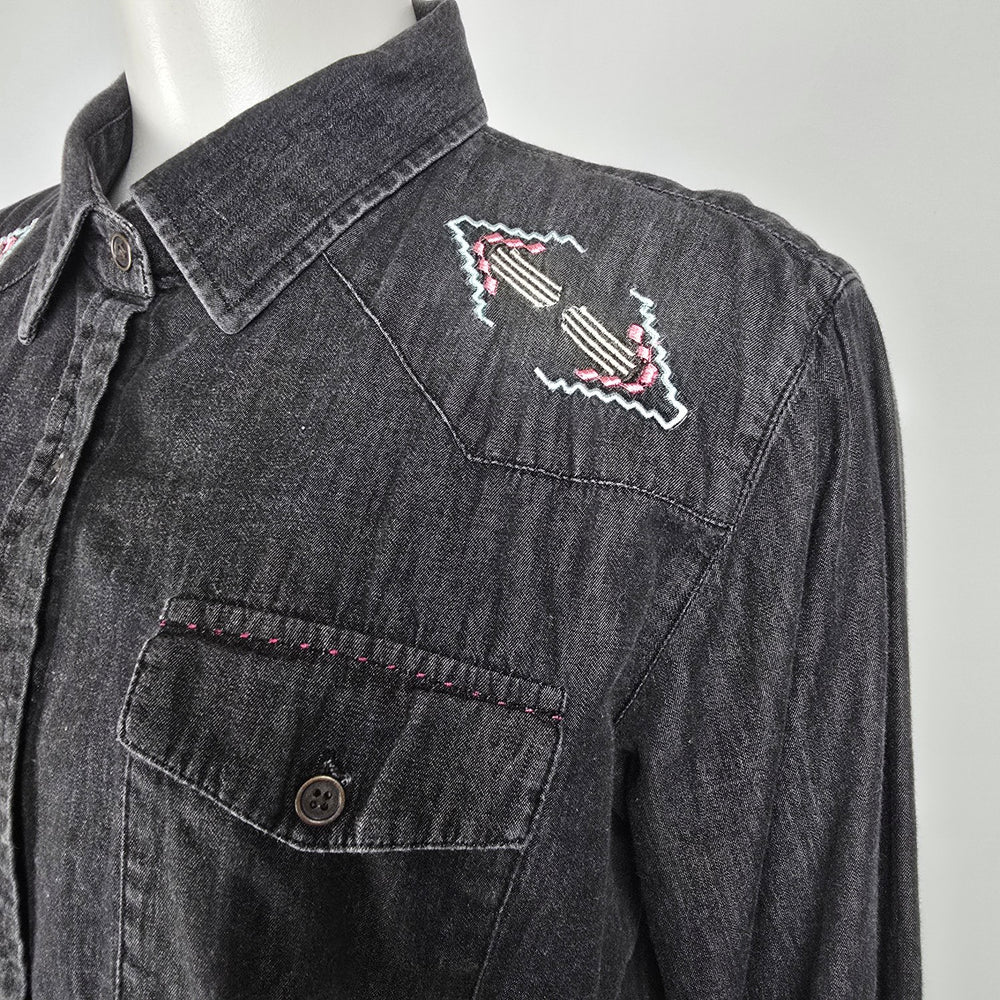 Sherrry Cervi Black Cotton Denim Embroidered Back Button Up Top Size L