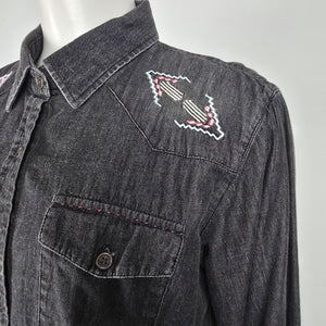 Sherrry Cervi Black Cotton Denim Embroidered Back Button Up Top Size L