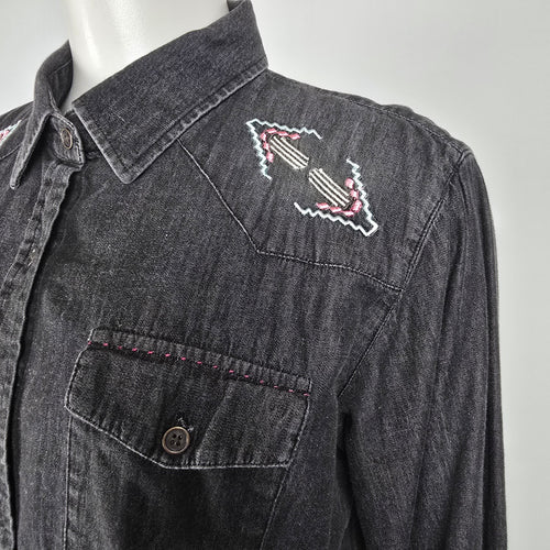 Sherrry Cervi Black Cotton Denim Embroidered Back Button Up Top Size L