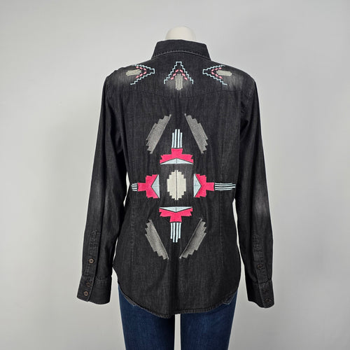Sherrry Cervi Black Cotton Denim Embroidered Back Button Up Top Size L