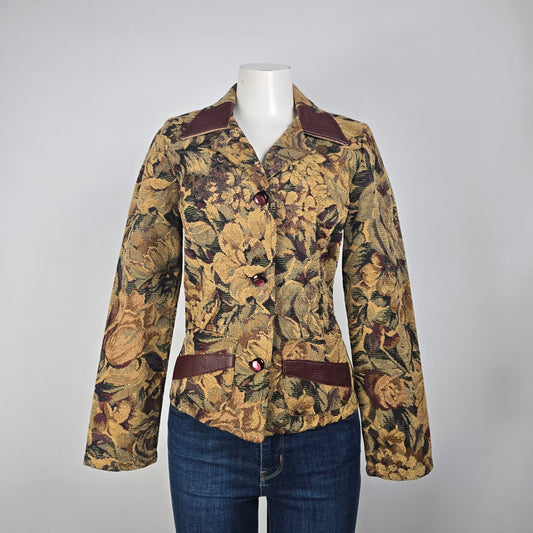 Vintage The Jacket Shop Floral Tapestry Leather Trim Jacket Size S