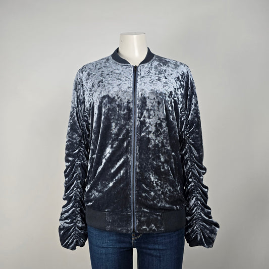 Listicle Grey Velvet Ruched Sleeve Zip Front Bomber Jacket Size M