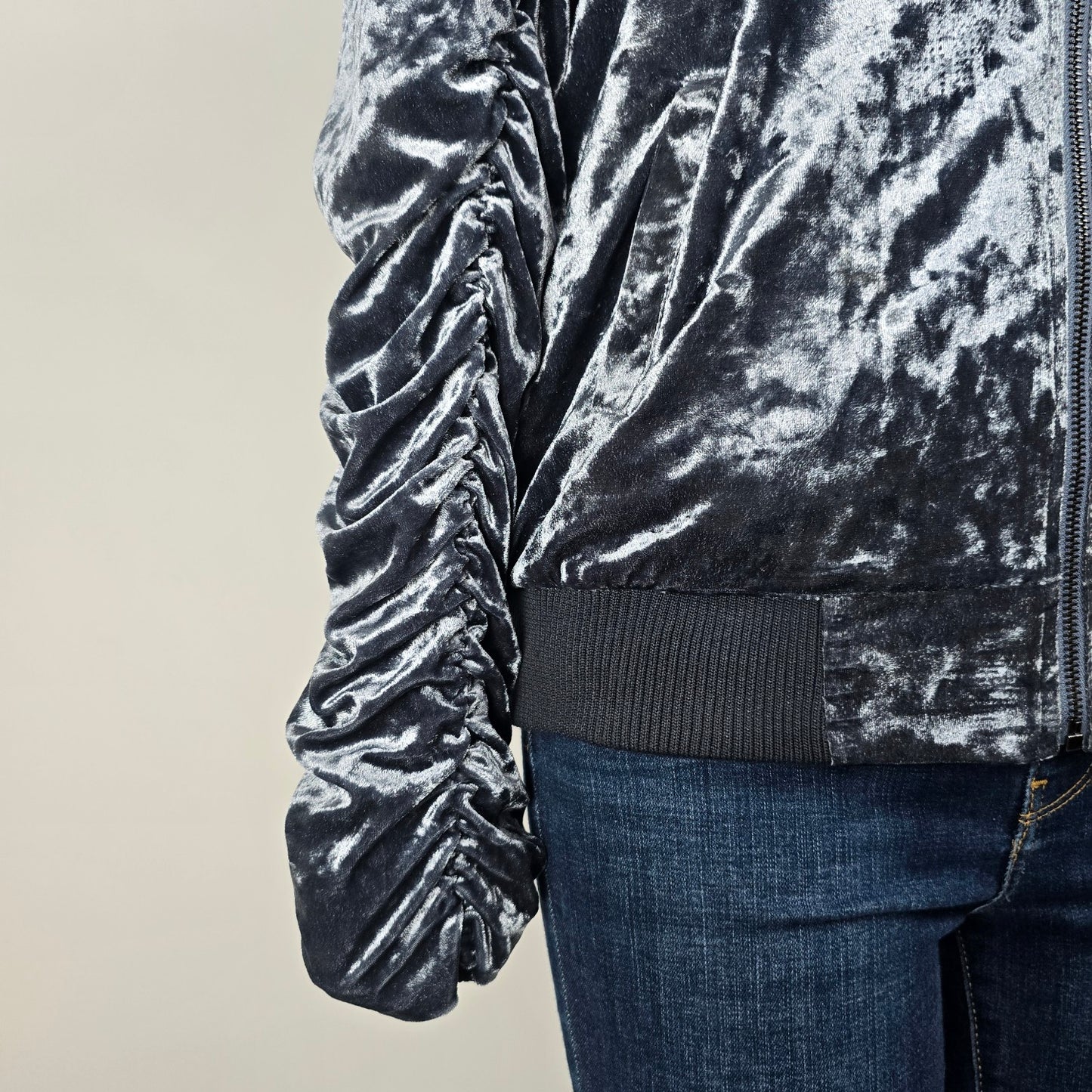 Listicle Grey Velvet Ruched Sleeve Zip Front Bomber Jacket Size M