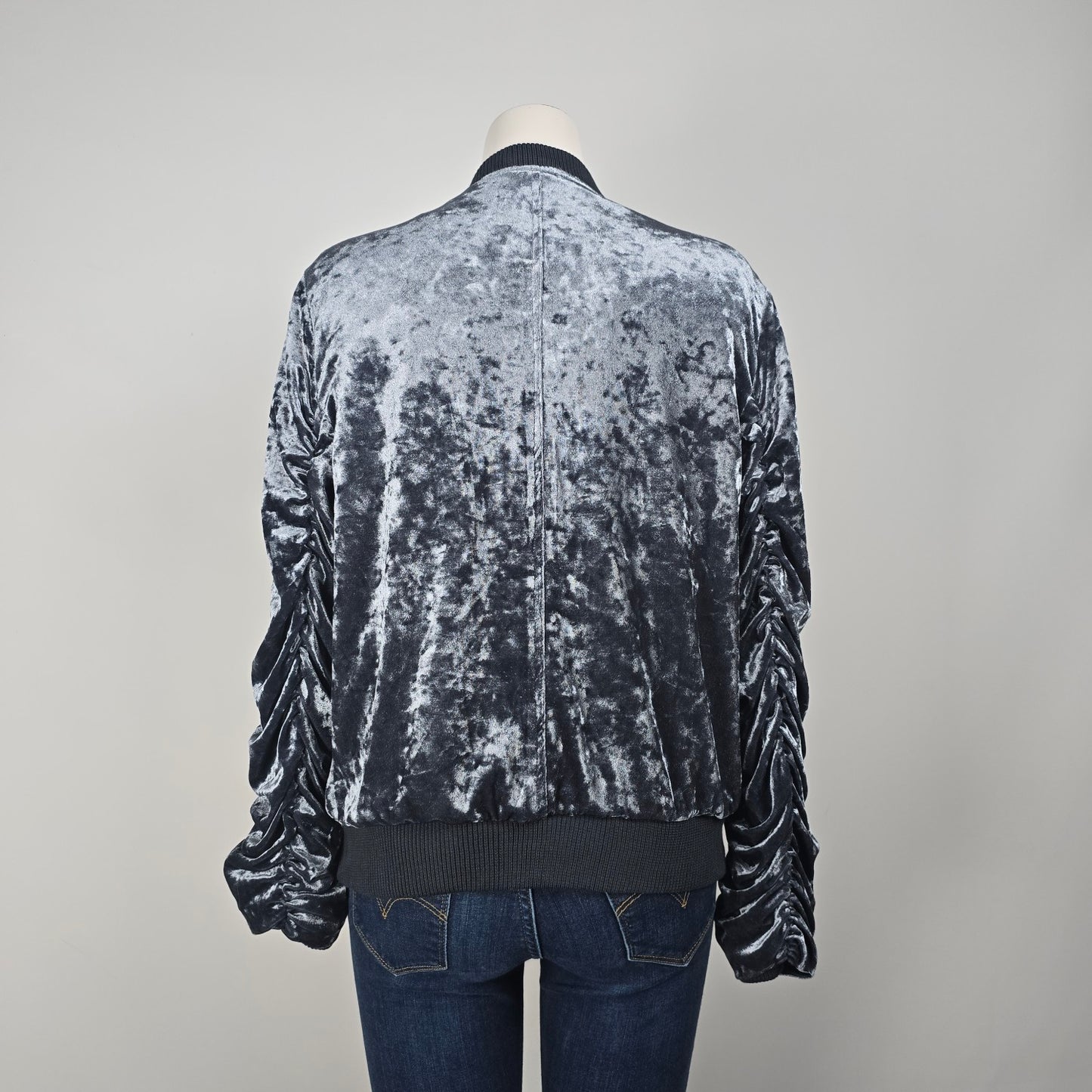 Listicle Grey Velvet Ruched Sleeve Zip Front Bomber Jacket Size M