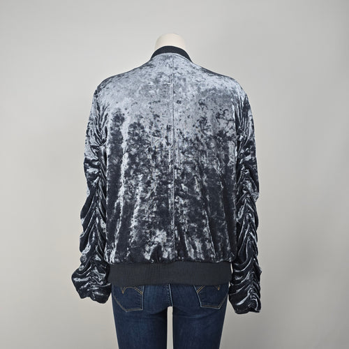 Listicle Grey Velvet Ruched Sleeve Zip Front Bomber Jacket Size M