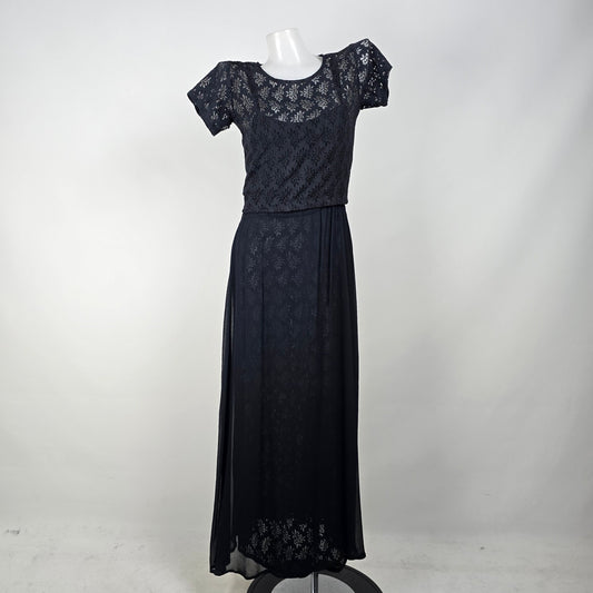 Vintage Papillon Black Floral Lace Overlay Maxi Dress Size S
